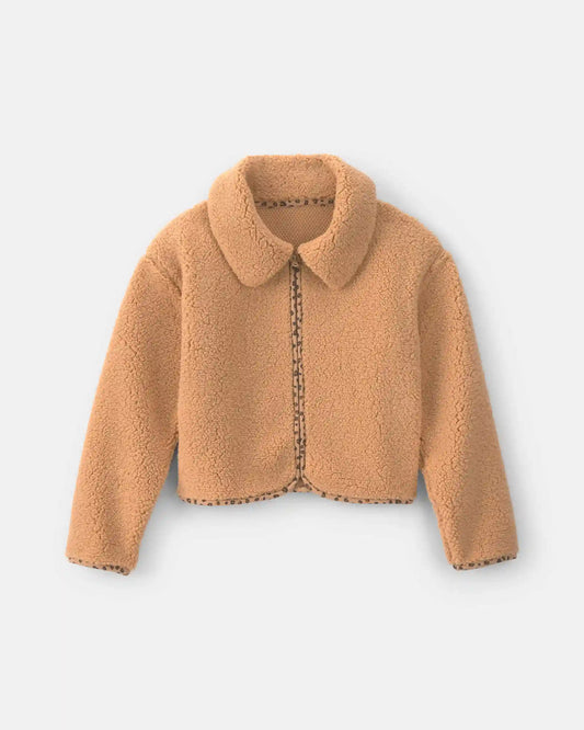 Girls Leopard Teddy Fleece Coat - Brown