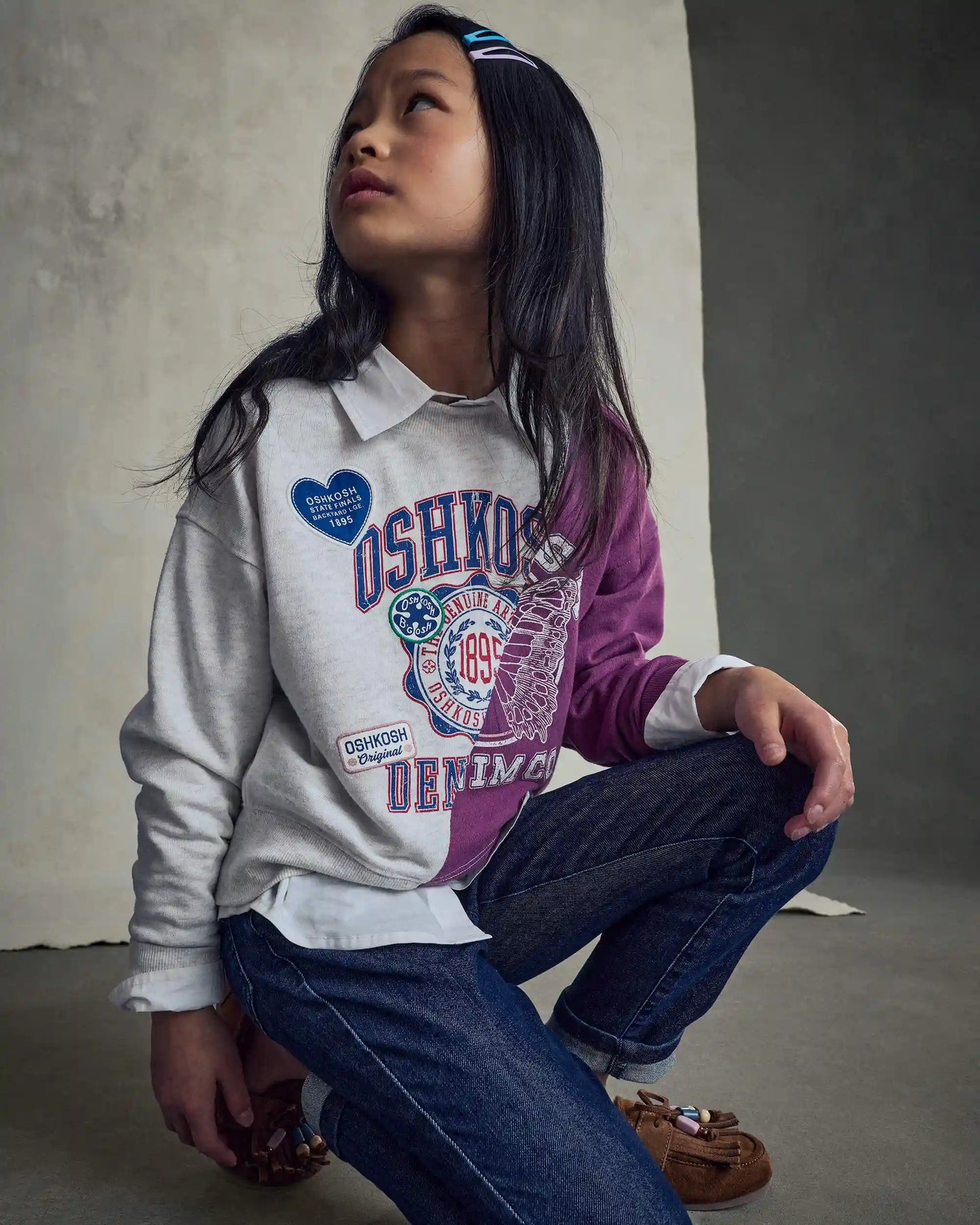 Girls 'Oshkosh Denim Co' French Terry Pullover Sweatshirt - Grey/Purple