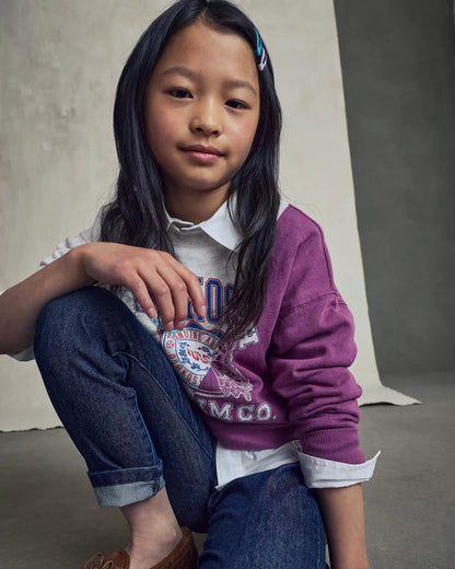 Girls 'Oshkosh Denim Co' French Terry Pullover Sweatshirt - Grey/Purple