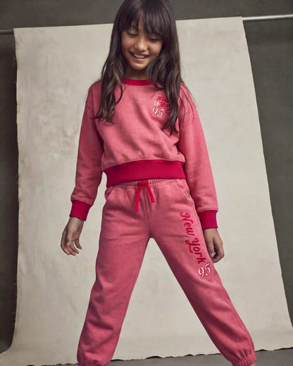 Girls 'New York City 95' French Terry Pullover Sweatshirt - Pink/Red