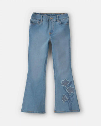 Girls Floral Denim Flare Jeans - Light Wash
