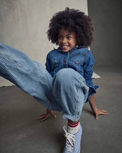 Girls Hickory Stripe Denim Barrel Jeans - Light Wash