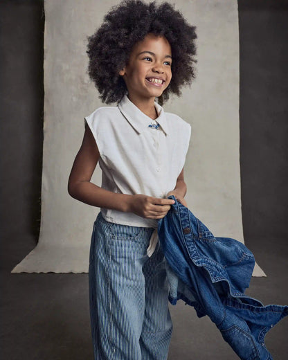 Girls Hickory Stripe Denim Barrel Jeans - Light Wash