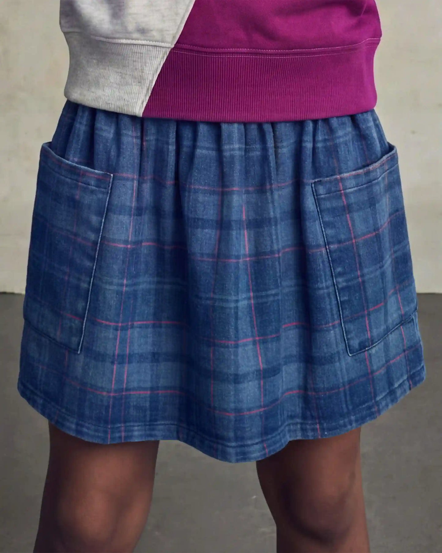 Girls Plaid Denim Skirt - Dark Wash