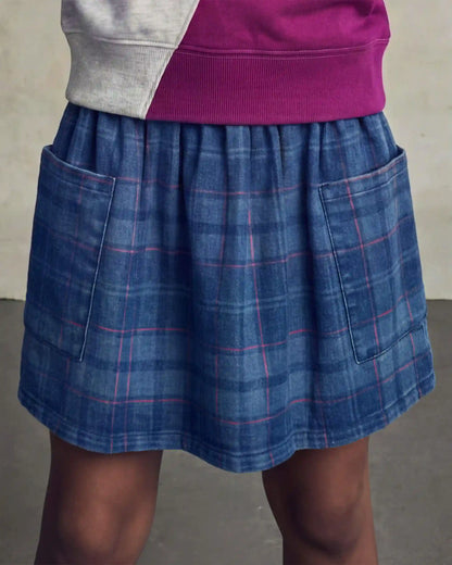 Girls Plaid Denim Skirt - Dark Wash