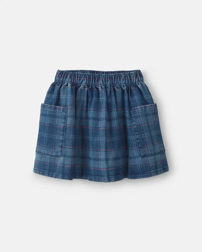Girls Plaid Denim Skirt - Dark Wash