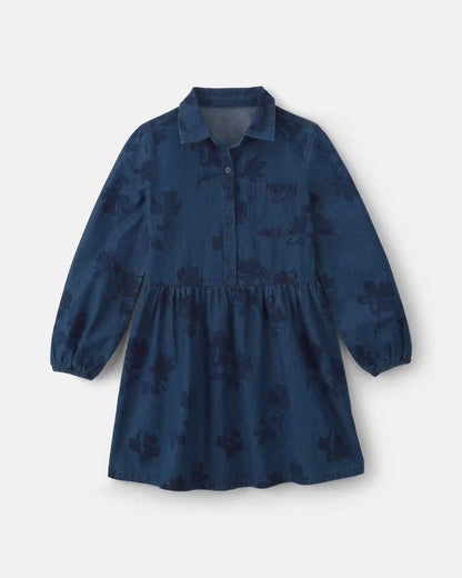 Girls Floral Denim Long-Sleeve Dress - Dark Wash
