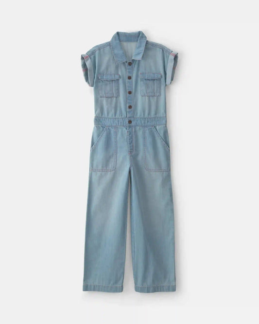 Girls Denim Short-Sleeve Jumpsuit - Light Wash