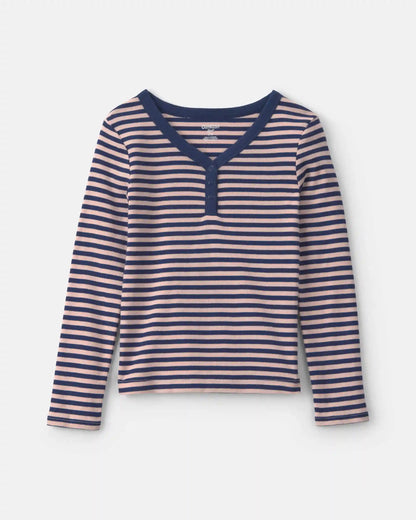 Girls Striped Long-Sleeve Rib Top - Pink/Navy Blue