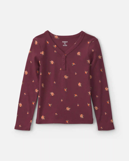 Girls Floral Long-Sleeve Top - Burgundy