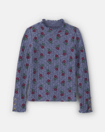 Girls Floral Long-Sleeve Mock Neck Top - Blue/Red