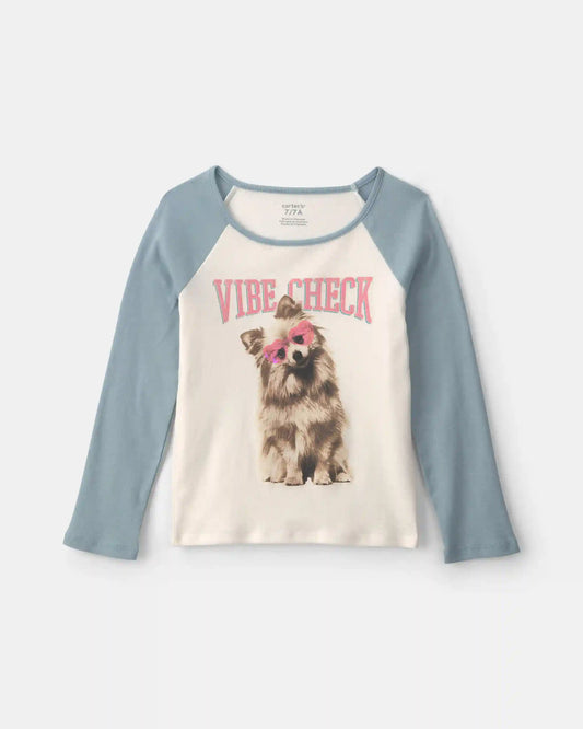 Girls 'Vibe Check' Dog Graphic Tee - Cream/Blue