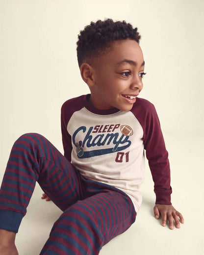 Boys 4-Piece 'Sleep Champs 01' 100% Cotton Snug Fit Pajama Set - Burgundy/Cream