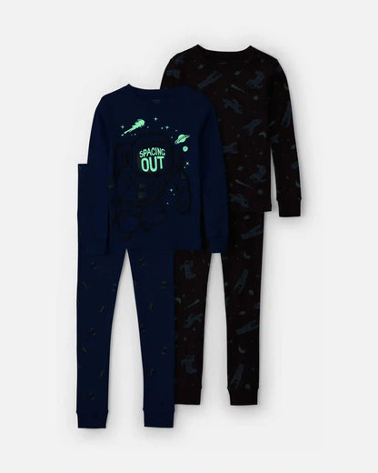 Boys 4-Piece Astronaut Glow in the Dark 100% Cotton Snug Fit Pajama Set - Blue