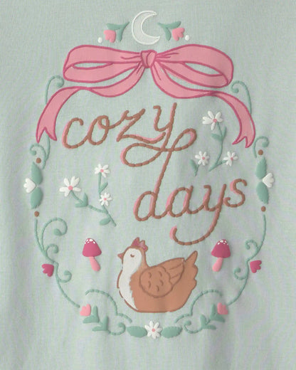 Girls 4-Piece Country Chicken 100% Cotton Snug Fit Pajama Set - Blue/Cream