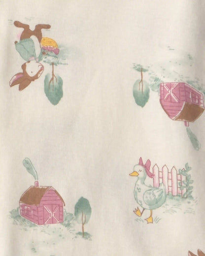 Girls 4-Piece Country Chicken 100% Cotton Snug Fit Pajama Set - Blue/Cream