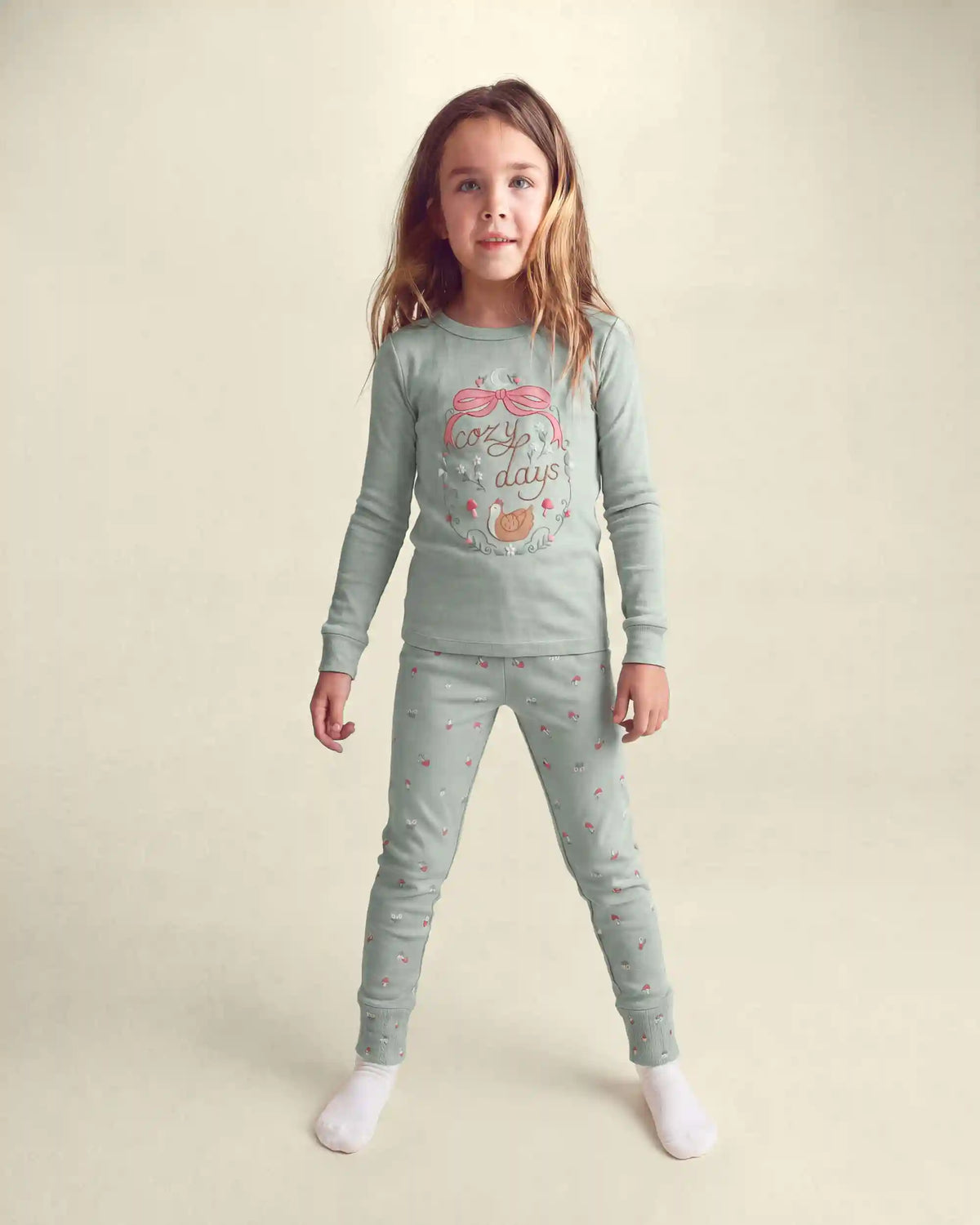 Girls 4-Piece Country Chicken 100% Cotton Snug Fit Pajama Set - Blue/Cream