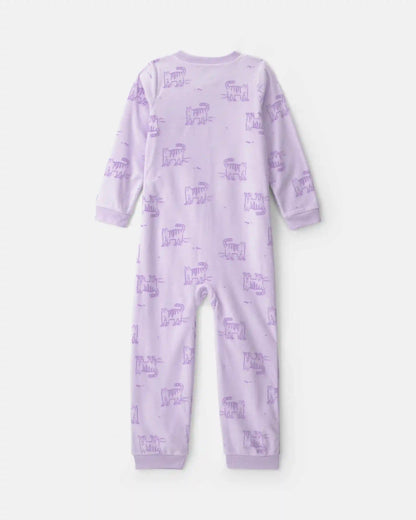 Girls 1-Piece Roller Skating Cat Fleece Loose Fit Pajama - Purple