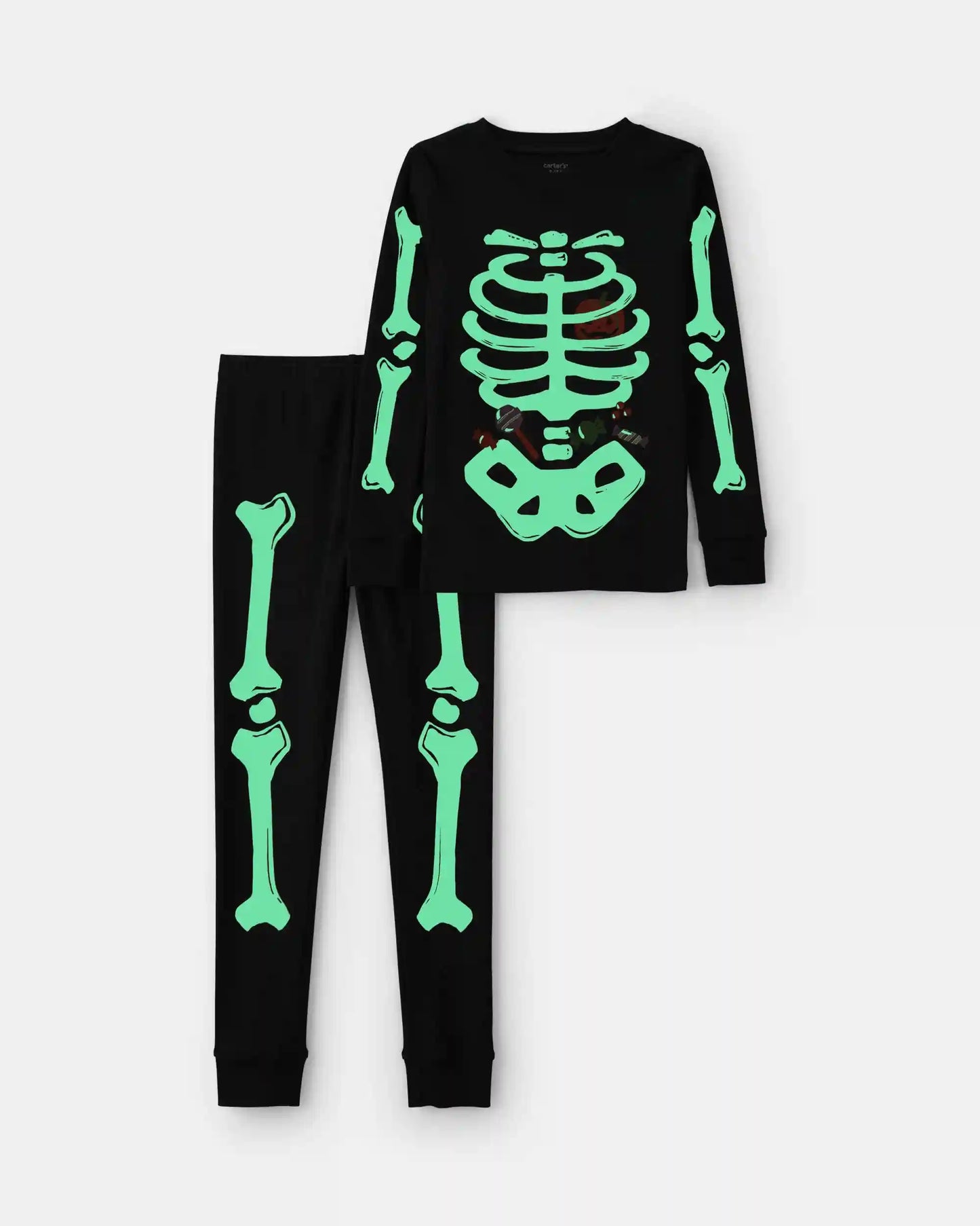 Kids 2-Piece Halloween Glow in the Dark Skeleton 100% Cotton Snug Fit Pajama Set - Charcoal