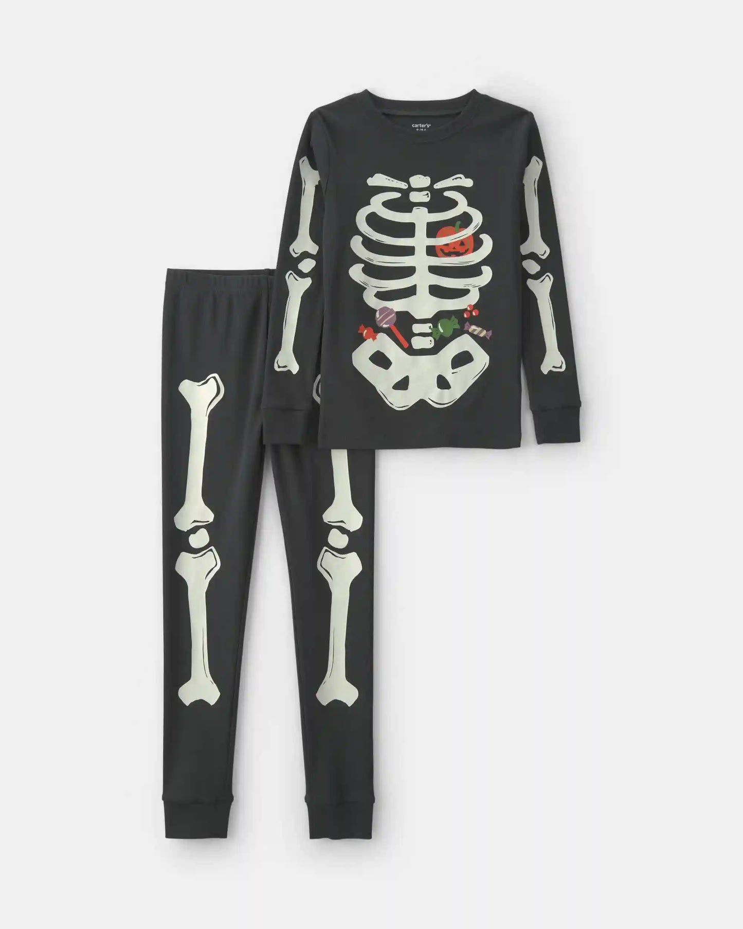 Kids 2-Piece Halloween Glow in the Dark Skeleton 100% Cotton Snug Fit Pajama Set - Charcoal