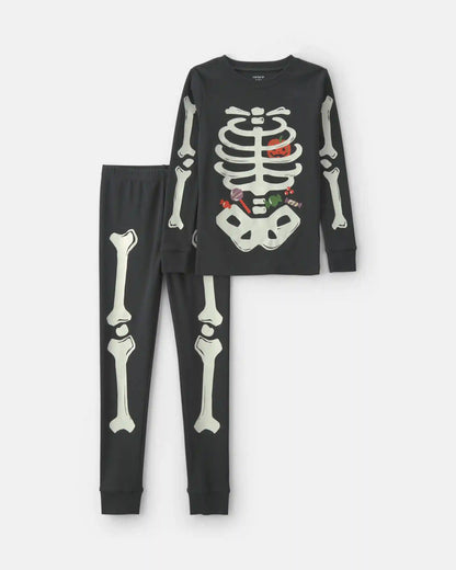 Kids 2-Piece Halloween Glow in the Dark Skeleton 100% Cotton Snug Fit Pajama Set - Charcoal