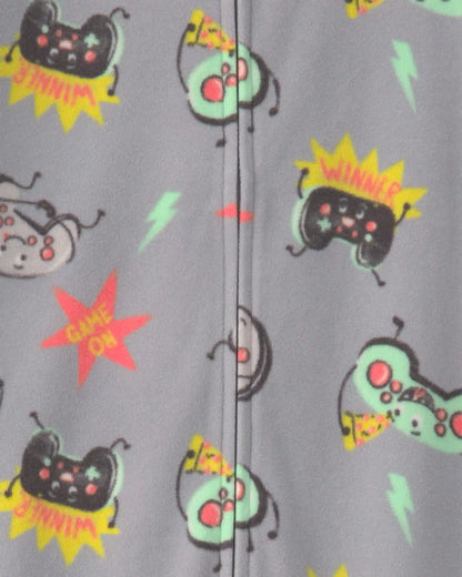Boys 1-Piece Gamer Fleece Loose Fit Footed Pajama - Grey