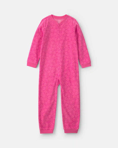 Girls 1-Piece Smiley Faces Fleece Loose Fit Pajama - Pink