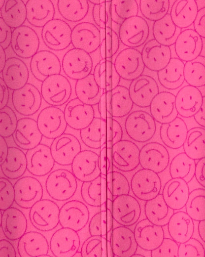 Girls 1-Piece Smiley Faces Fleece Loose Fit Footed Pajama - Pink