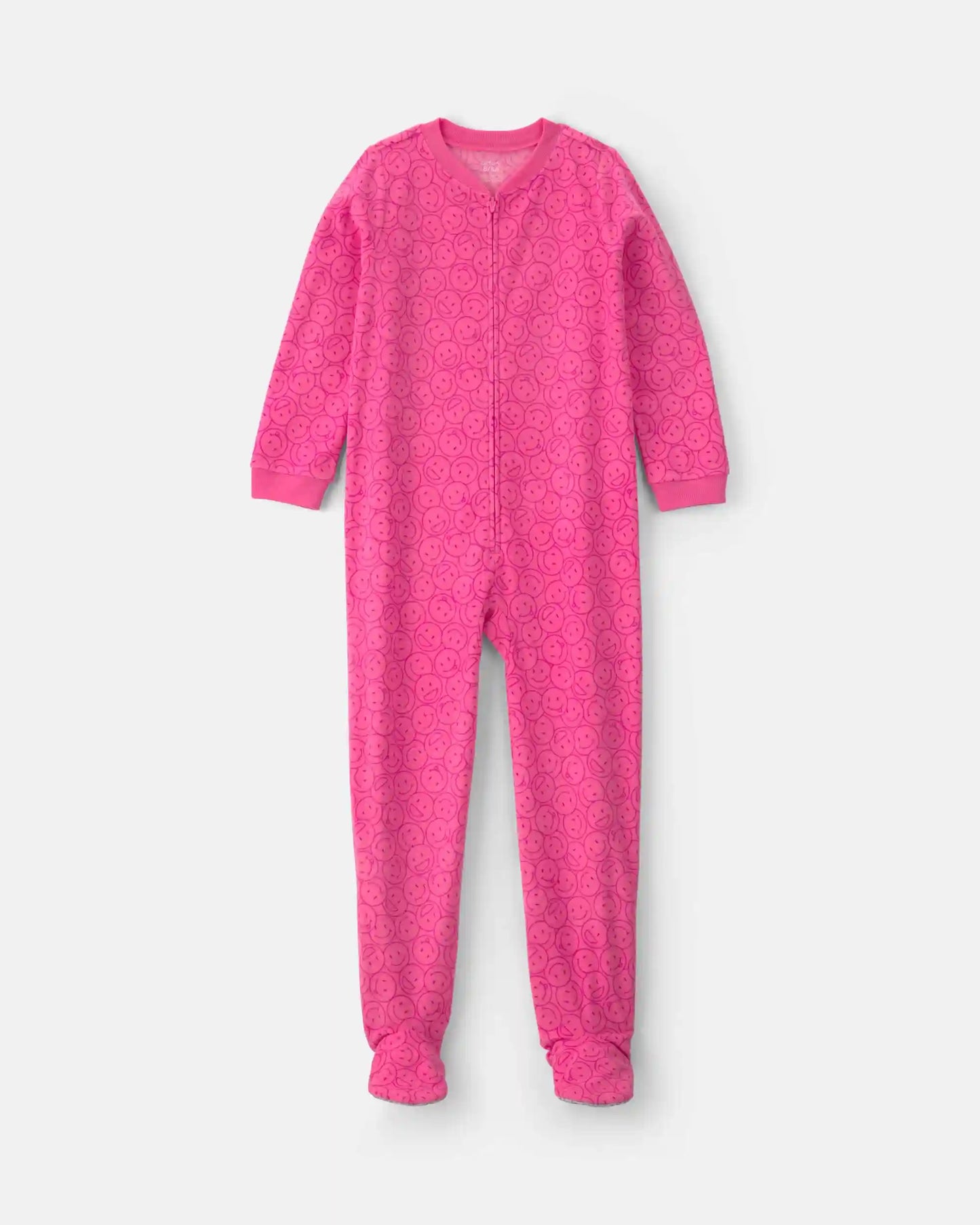Girls 1-Piece Smiley Faces Fleece Loose Fit Footed Pajama - Pink
