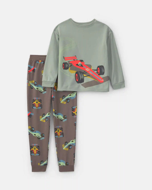 Boys 2-Piece Race Car Fleece Loose Fit Pajama Set - Grey/Green