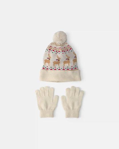Kids 2-Piece Fair Isle Christmas Beanie & Glove Set - Cream