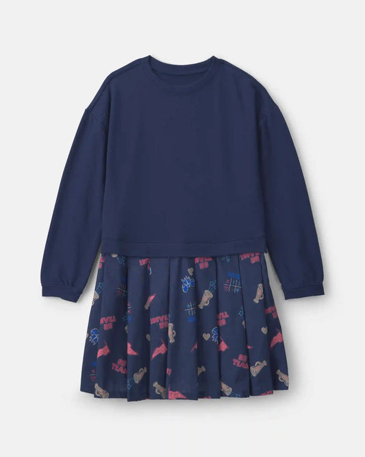 Girls Long Sleeve Cheer Print Dress - Navy Blue