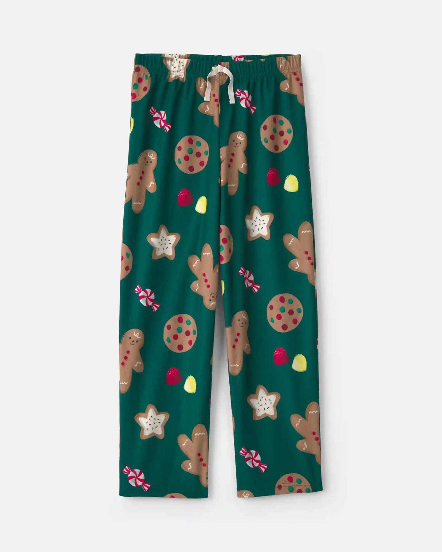 Kids Christmas Gingerbread Fleece Loose Fit Pajama Bottoms - Green