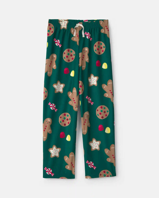 Kids Christmas Gingerbread Fleece Loose Fit Pajama Bottoms - Green