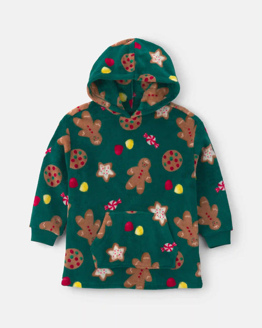 Kids Christmas Gingerbread Fleece Pajama Hoodie - Green