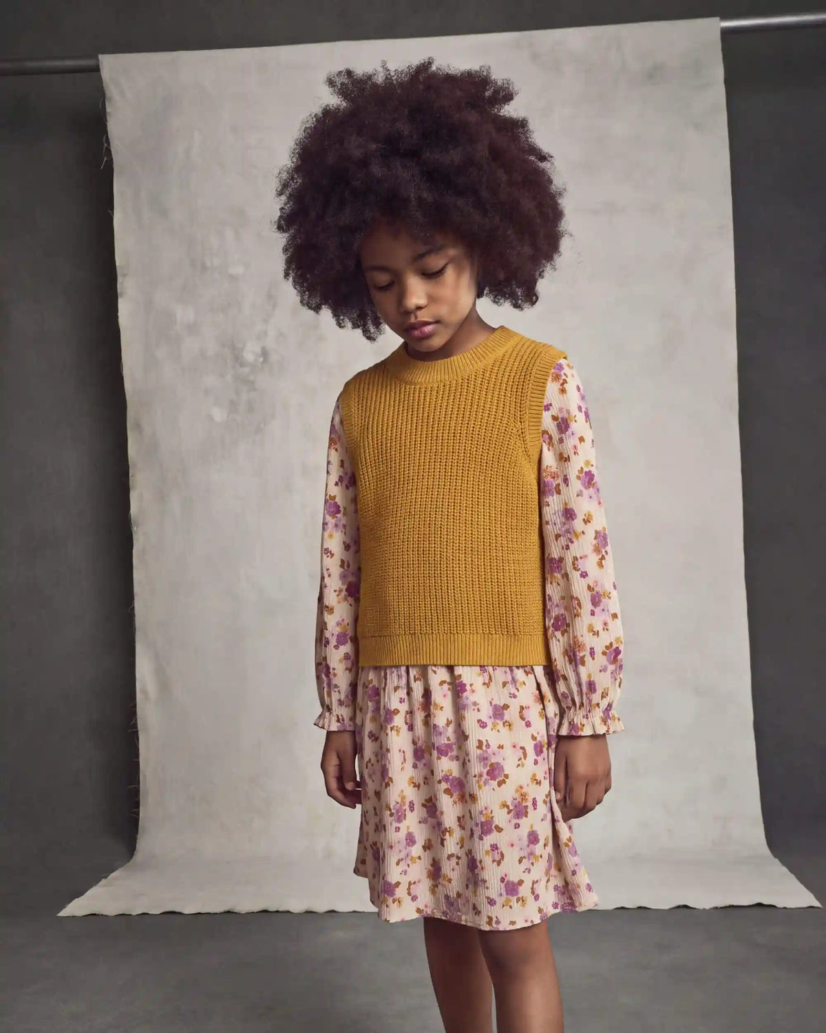 Girls Floral Long-Sleeve Dress - Yellow/Cream