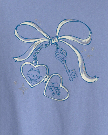 Girls Bow Keychain Long-Sleeve Graphic Tee - Purple