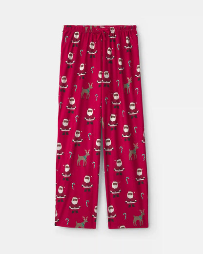 Adult Brown Santa Christmas Fleece Loose Fit Pajama Bottoms - Red