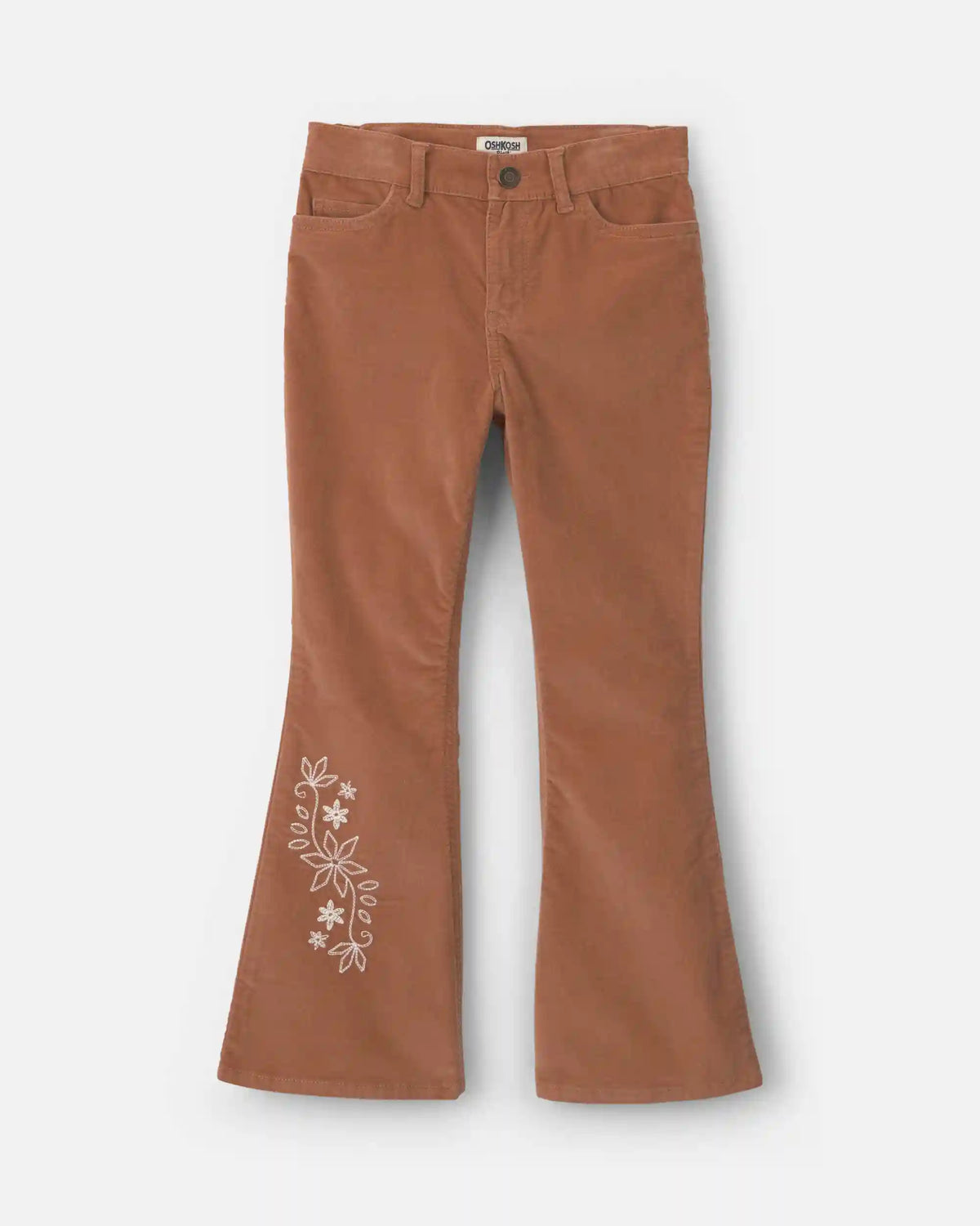 Girls Floral Embroidered Corduroy Flare Pants - Brown