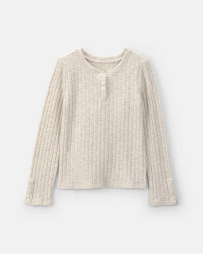 Girls Ribbed Long-Sleeve Henley T-Shirt - Cream