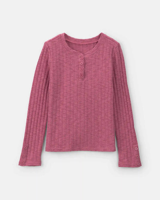 Girls Ribbed Long-Sleeve Henley Top - Pink