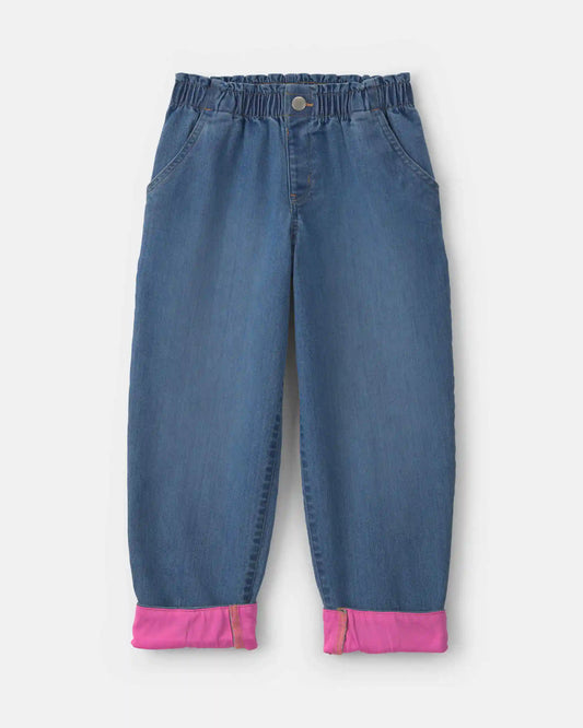Girls Medium Wash Denim Cuffed Jeans - Blue/Pink