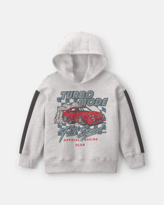 Boys 'Turbo Mode' Car Checkered Flag Fleece Hoodie - Grey