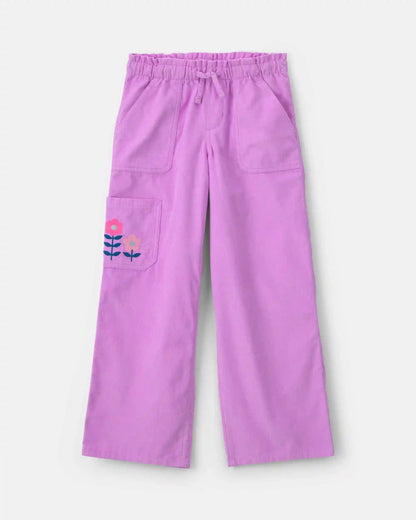 Girls Flower Corduroy Wide-Leg Pants - Purple