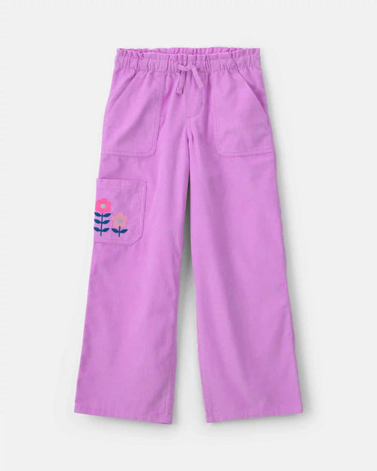 Girls Flower Corduroy Wide-Leg Pants - Purple