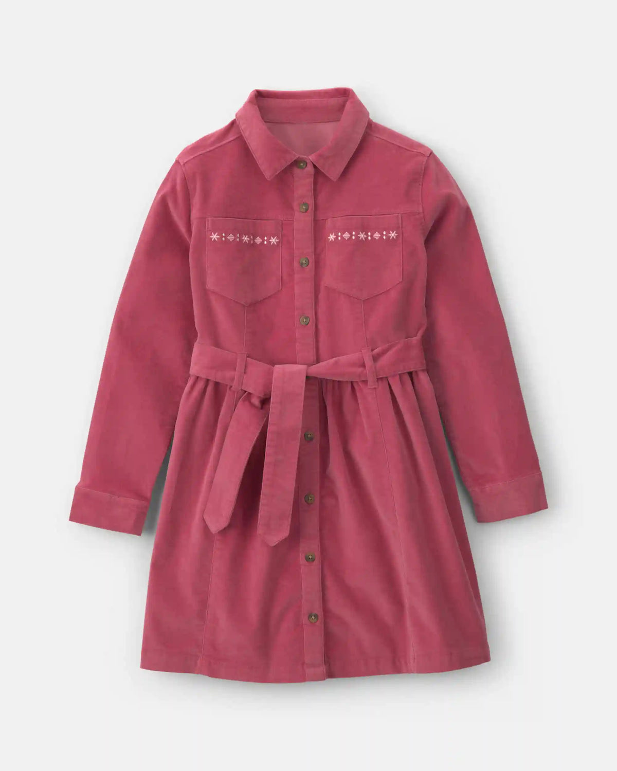 Girls Embroidered Long-Sleeve Corduroy Dress - Pink