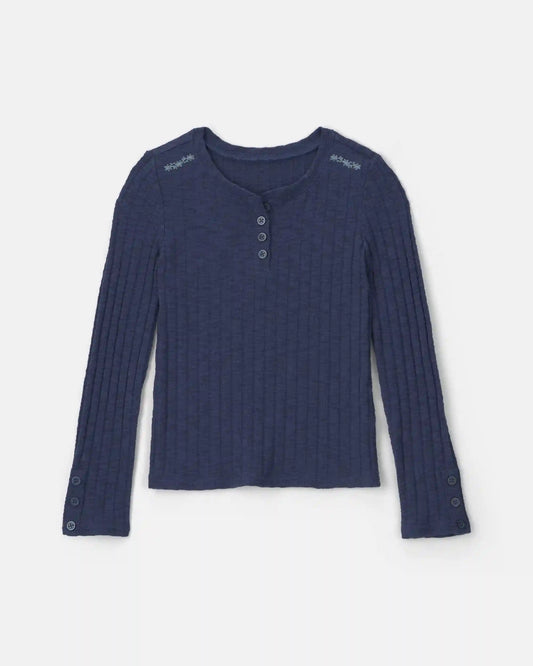 Girls Long-Sleeve Henley T-Shirt - Navy Blue