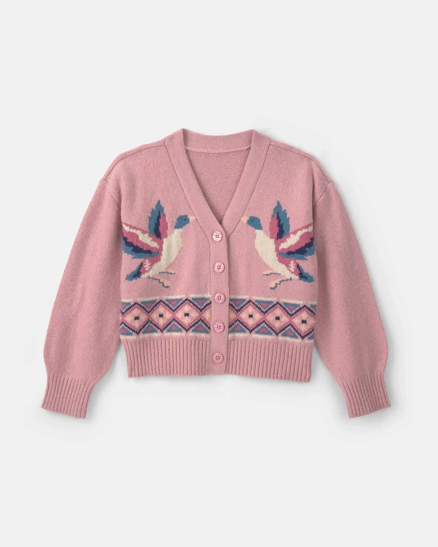 Girls Duck Fair Isle Long-Sleeve Cardigan Sweater - Pink