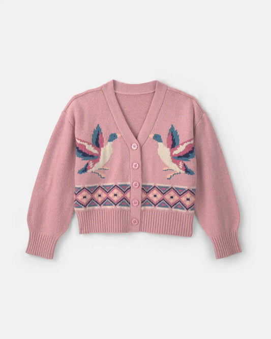 Girls Duck Fair Isle Long-Sleeve Cardigan Sweater - Pink