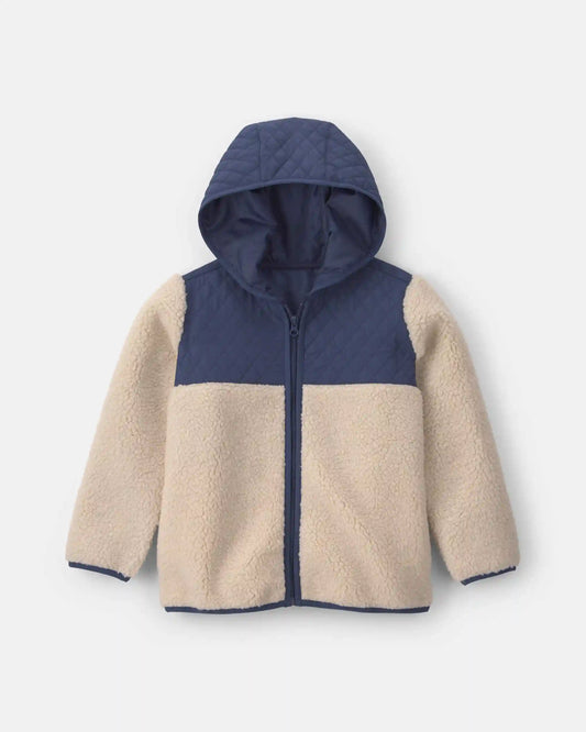 Boys Teddy Fleece Color Block Zip-Up Hoodie - Navy Blue/Cream